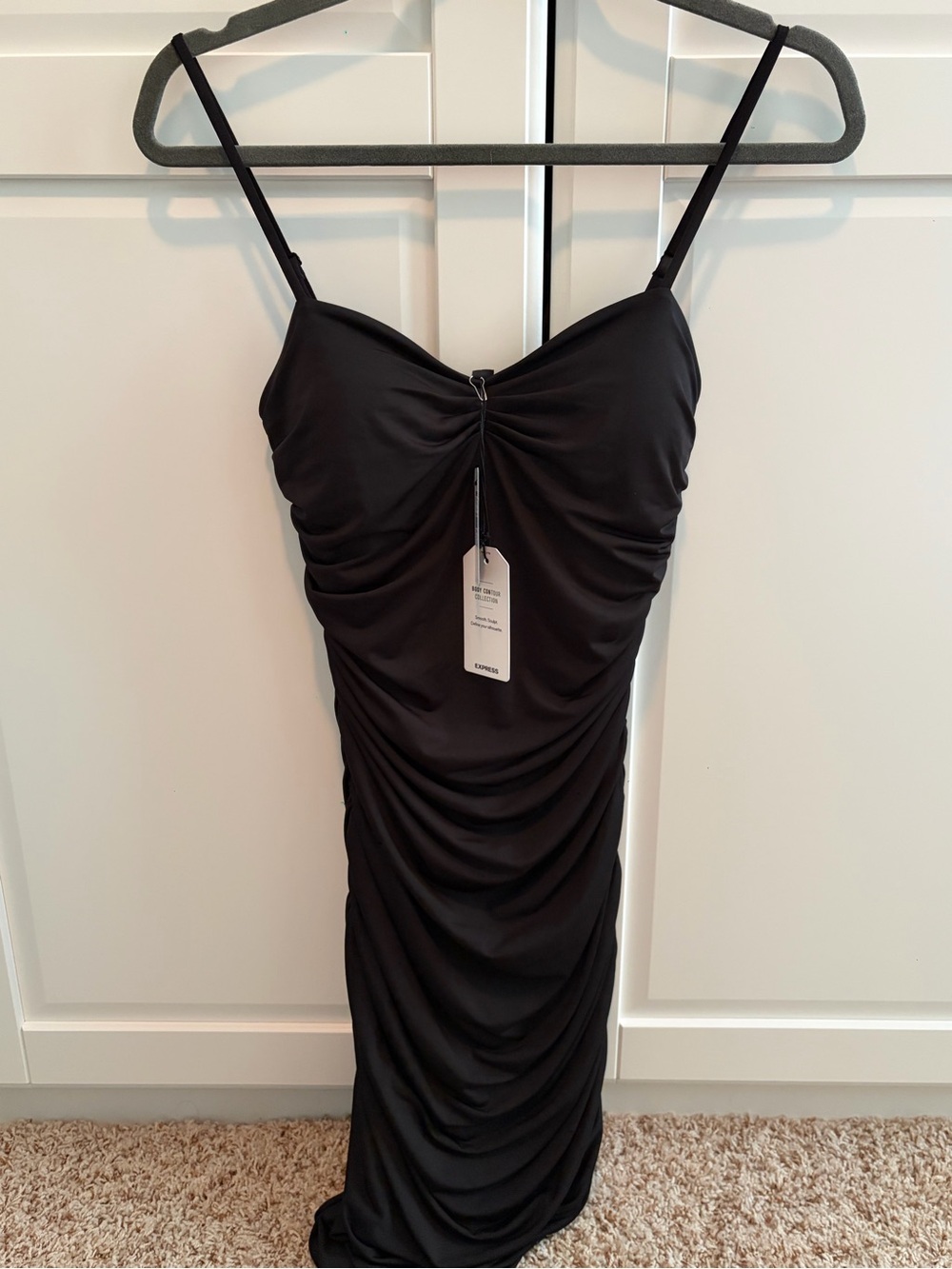 EXPRESS Black Contour Ruched Slip Dress with Spaghetti Straps BRAND NEW